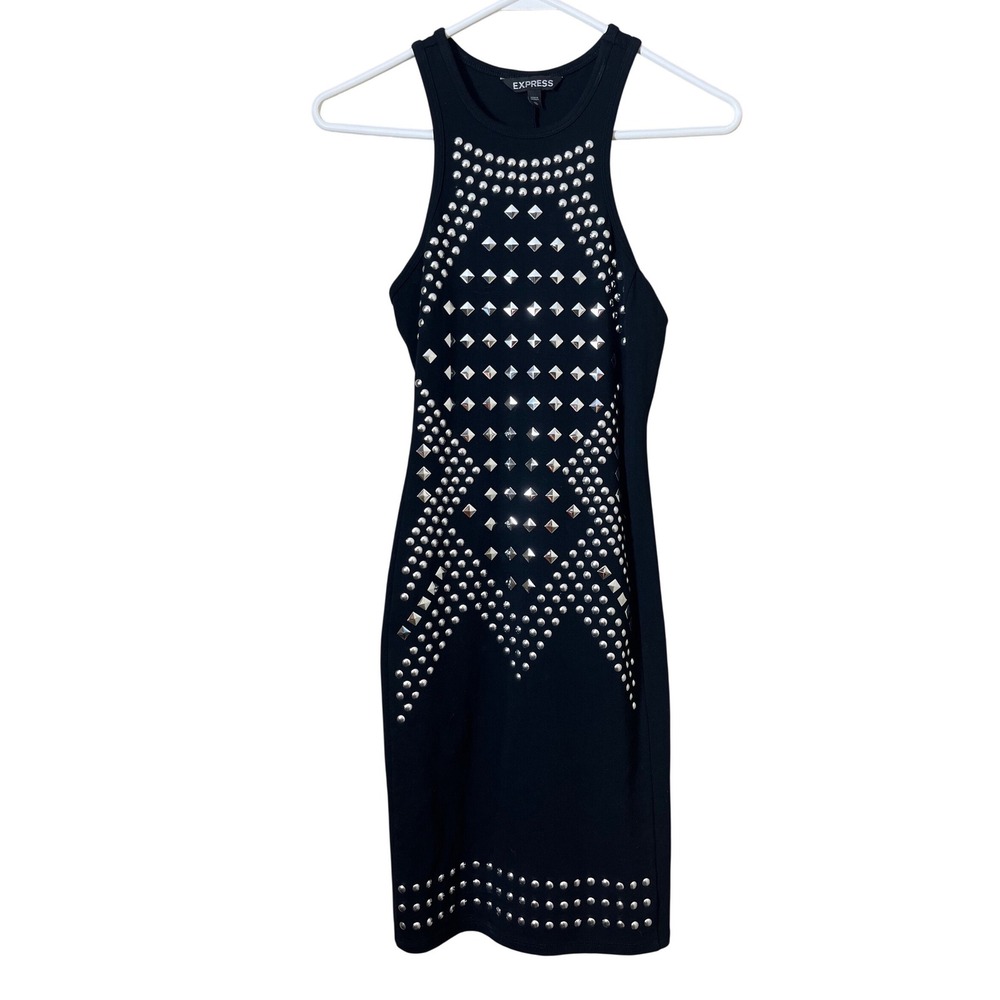 Express Black Silver Studded Bodycon Mini Dress Size XS Biker Edgy Y2K‎ Revival